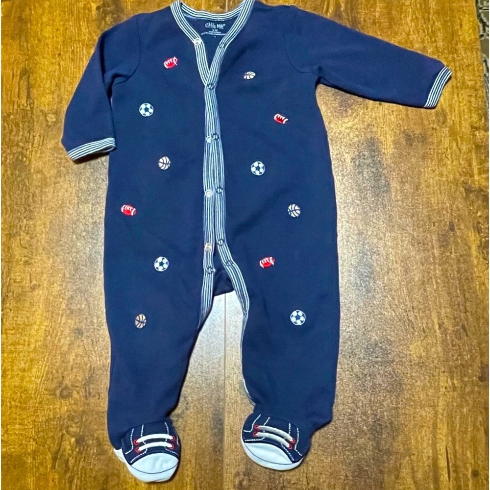 Little Me 6 M Baby Boy Navy Blue Sports- Themed Onesie Footed Cotton Sleeper